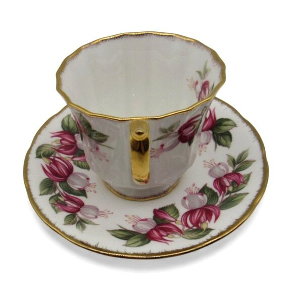 STAFFORDSHIRE Fuchsia July Flower Teacup & Saucer Set England Vintage - Picture 4 of 11